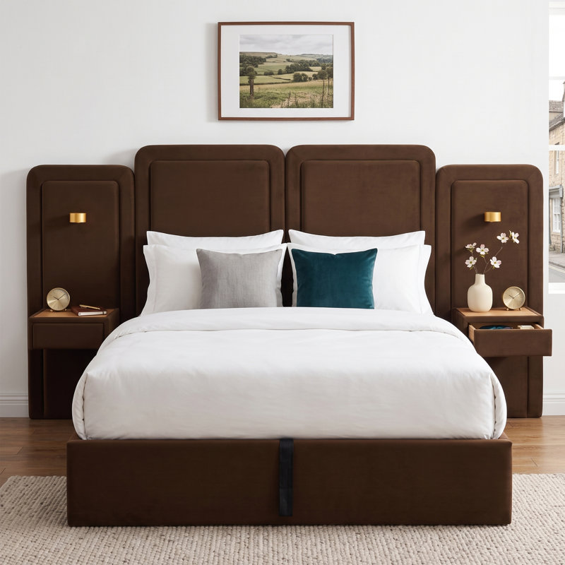 Ensemble de chambre à coucher 3 pièces: lit de rangement rembourré moderne avec lumières DEL et tables de chevet flottantes, grand, brun