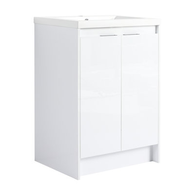 Meuble-lavabo autoportant blanc brillant avec lavabo en résine de 24 po, fonctionnalité esthétique moderne, style et fonction à fermeture silencieuse,