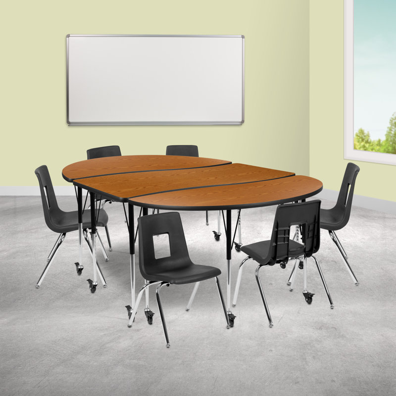 Mobile 76" Oval Wave Flexible Laminate Activity Table Set with 16" Student Stack Chairs, Oak, 86" L x 60" W