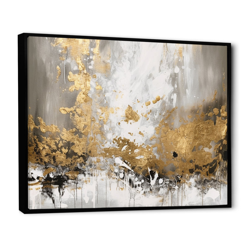 Or et blanc abstrait - art mural abstrait, H 16 po x l 32 po x P 1 po, Cadre flottant noir