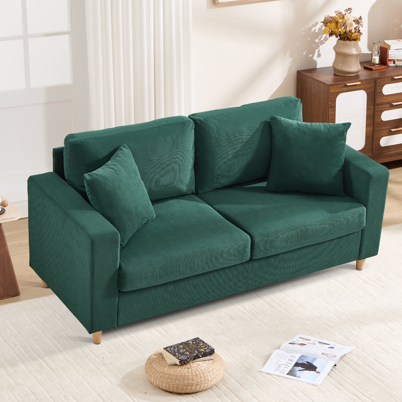 221cm Wide Corduroy Sofa with Square Armrests and 2 Throw Pillows, 2
