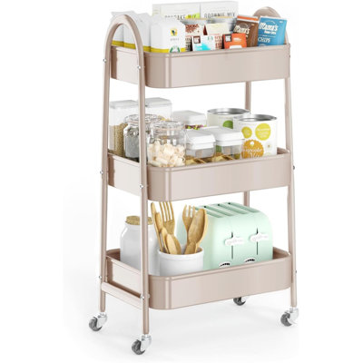 Three layer multifunctional cart, metal storage cart with handles and lockable wheels