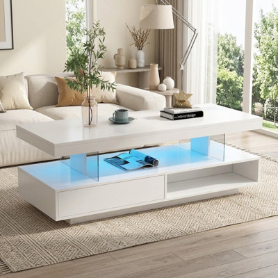 FFZ 51.2" Modern White Coffee Table with 2 Drawers Display Shelves and Led Lights