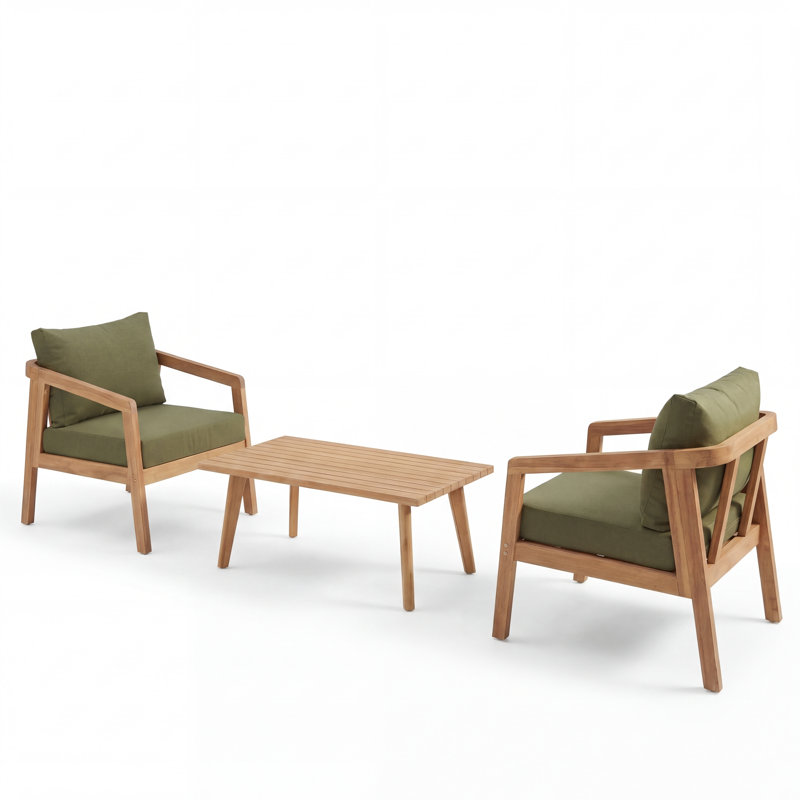 Ensemble de conversation 2 places avec coussins hydrofuges Airwyn, Coussin vert foncé / structure naturelle