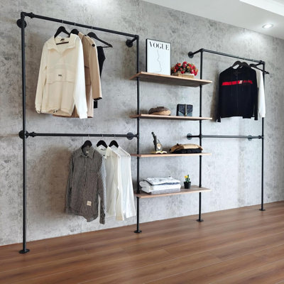 Porte-vêtements industriel à fixation murale, système de placard personnalisé avec tablettes, support à vêtements robuste pour vestibule, salle de lavage, présentoir de détail, 14,6 x 122,8 x 82,7 po