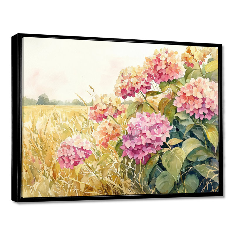 Paysage d'hortensias dans le champ de maïs - hydrangées, art mural, Noir, H 16 po x l 32 po, Picture Framed
