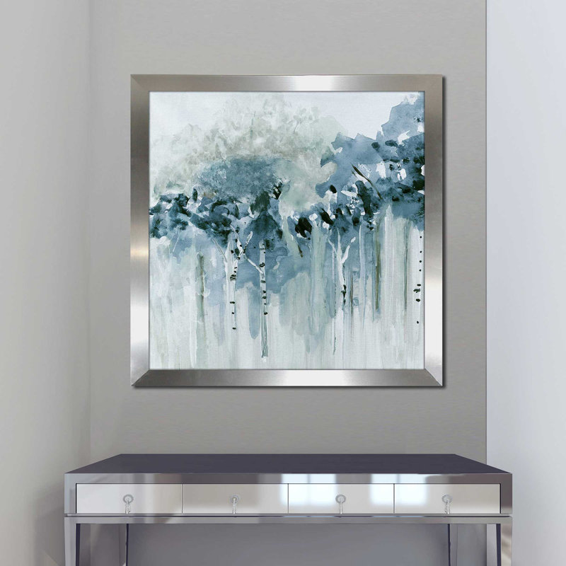 «Blue Birch Morning I» par Susan Jill - Peinture, Encadrement argenté, H 25,5 po x l 25,5 po x P 1 po