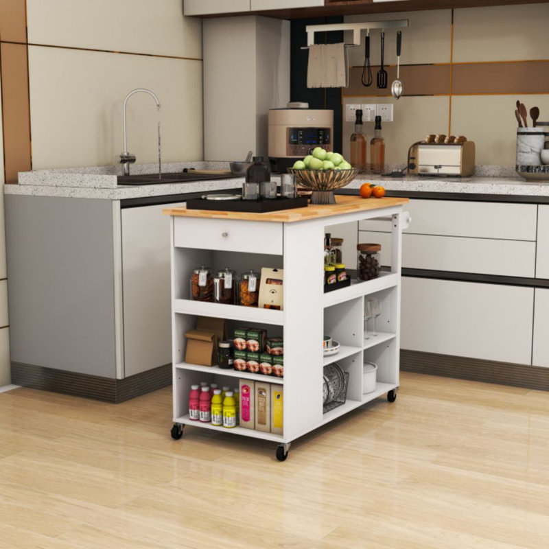 White Kitchen Cart with Rubber Wood Countertop and Storage Shelves