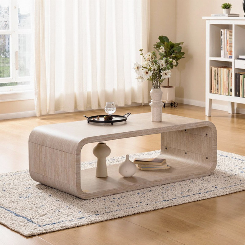 Table basse moderne avec cadre ouvert en bois courbé avec rangement ouvert