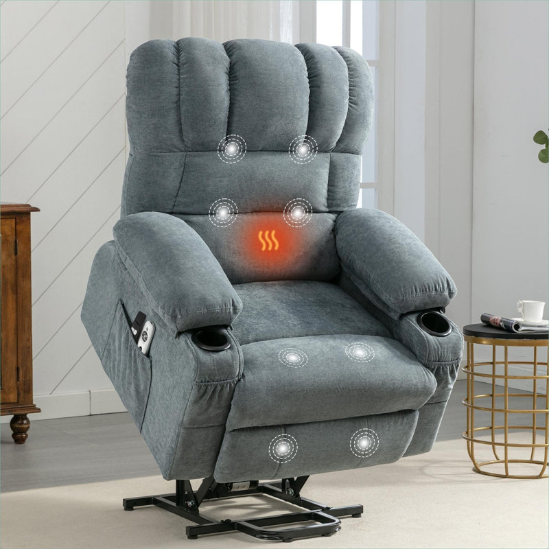 Pour la détente chez les personnes âgées, le fauteuil inclinable de massage FlowLuxe Power Lift, bleu riche, avec chauffage et charge USB