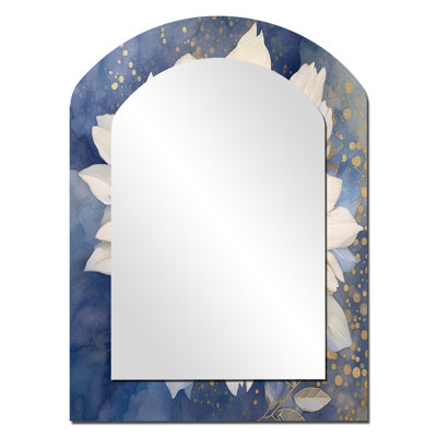 Elegant White Chrysanthemum On Retro Blue - White Traditional Arch Wall Mirror