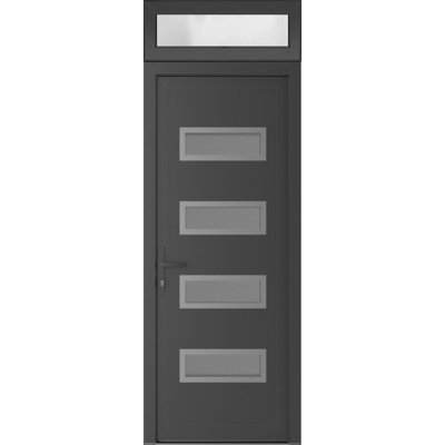 Porte d'entrée extérieure prémontée en PVC-U métal-plastique Manux 8113, gris anthracite, avec imposte latérale et panneau supérieur. Convient aux bureaux, aux commerces et aux habitations. Dimensions : 81 x 239 cm (L 81 x H 80 + 14 pouces). Ouverture à droite vers l'intérieur.