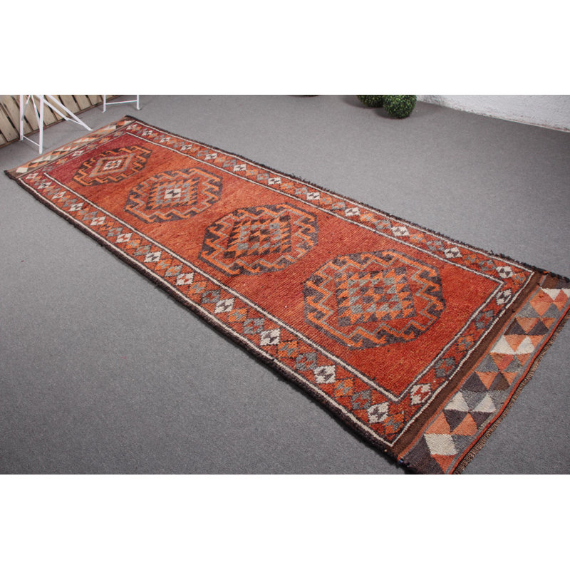 Tapis turc rétro en laine Herki avec motifs géométriques, idéal pour les escaliers