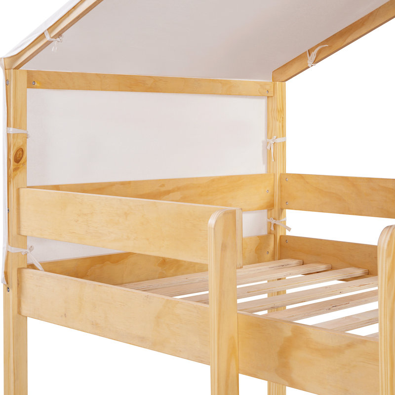 Lit simple superposé au-dessus de bois avec tente - Option de chambre à coucher confortable en pin massif, Naturel