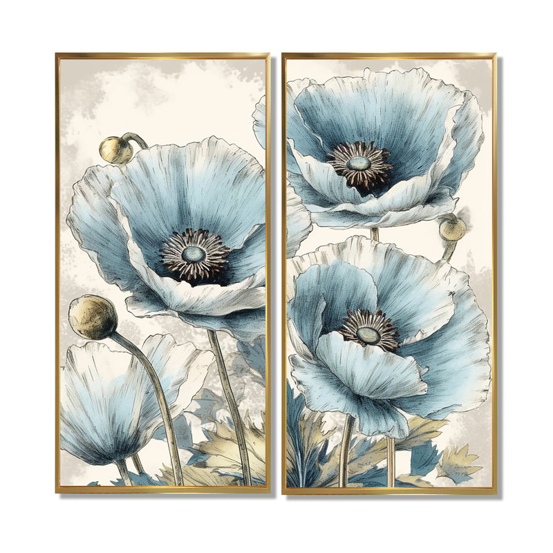 Vibrant bleu blanc pivoine I - art floral pivoines sur toile 2 panneaux, H 32 po x l 32 po, Doré