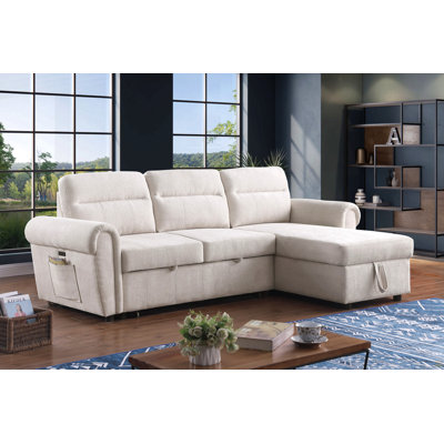 97"W Chenille Reversible Sleeper Sectional Sofa Chaise With USB Charger, Phone/Magazine Pockets