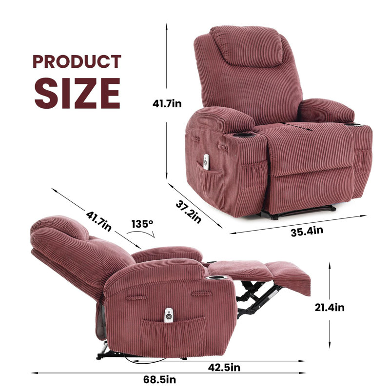 Ultra-Comfortable Corduroy Electric Recliner Chair - 135° Forward & Backward Adjustment, Heated Massage, Pink
