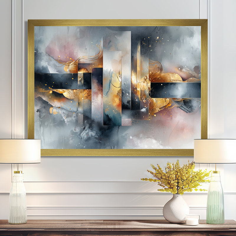 «Geometric Ink Pulse III - Constructivism», art mural, Cadre simple, H 34 po x l 44 po, Doré
