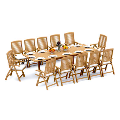 6 Seats 7 Pcs Grade-A Teak Wood Dining Set: 118" Double Extension Mas Rectangle Trestle Leg Table And 6 Ashely Folding Reclining Arm Chairs #11AS2506