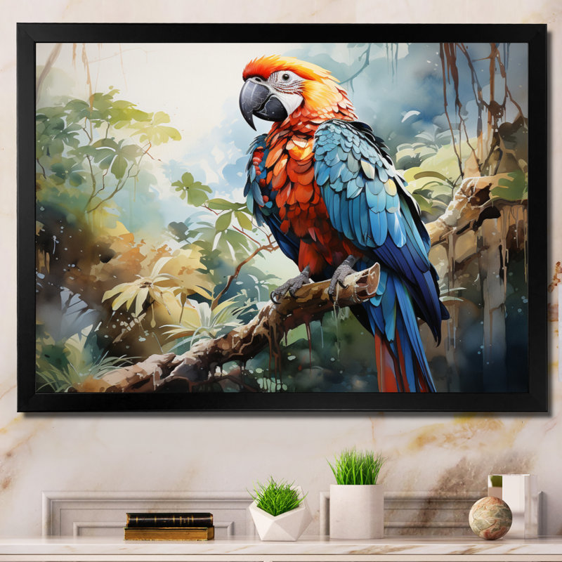 Plumage de perroquet tropical II sur toile, Cadre simple noir, H 34 po x l 44 po x P 1,5 po