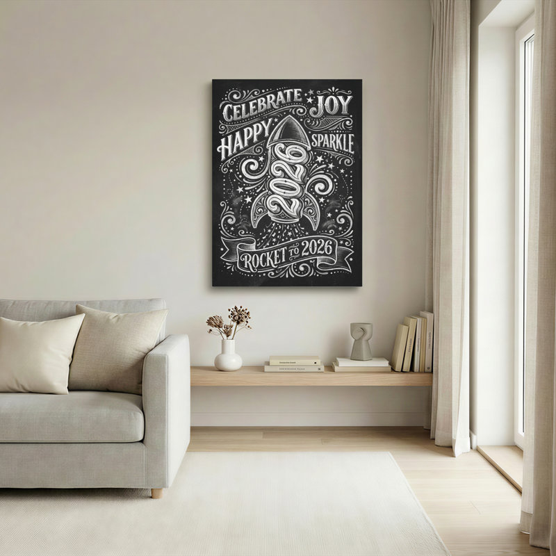 «Chalkboard Style 2026 Rocket Celebration», art mural enveloppé, Happy New Year, Joy Sparkle, impression pour bureau à domicile