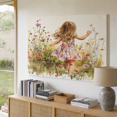 Little Girl In Floral Dress Running Through Wildflower Field Canvas Wall Art Print For Living Room, Bedroom, Office, Hallway, Entryway, Gallery Wall And Modern Home Decor