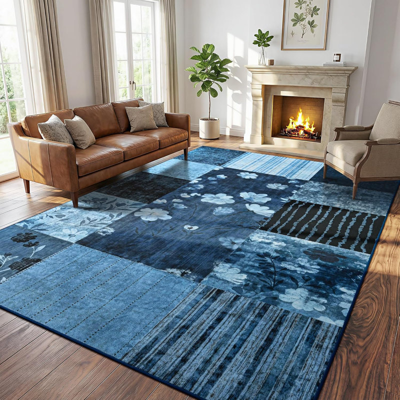 Tapis à imprimé géométrique antidérapant, Bleu, Rectangle 6 pi x 9 pi