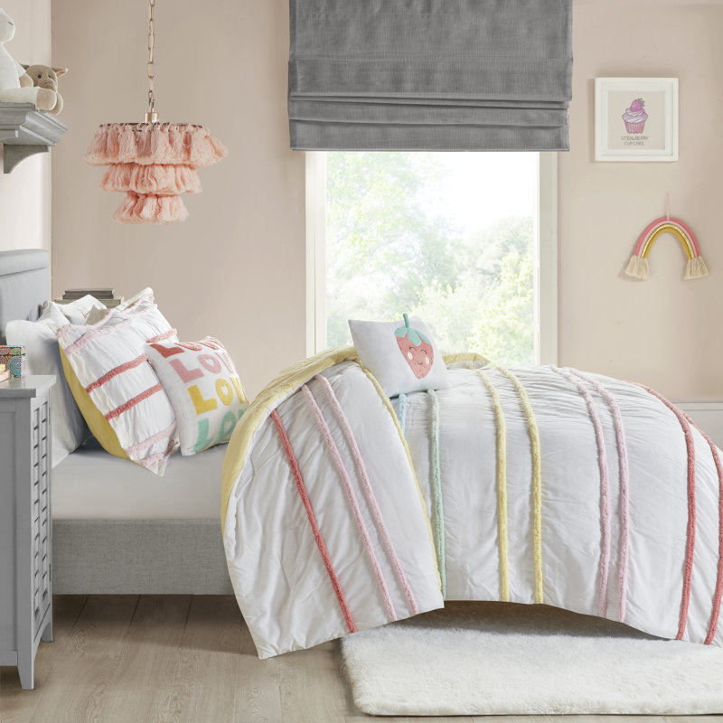 Haisley 100% Cotton Comforter Set with Chenille Trim, Full / Queen Comforter + 2 Shams + 2 Throw Pillows, Pink