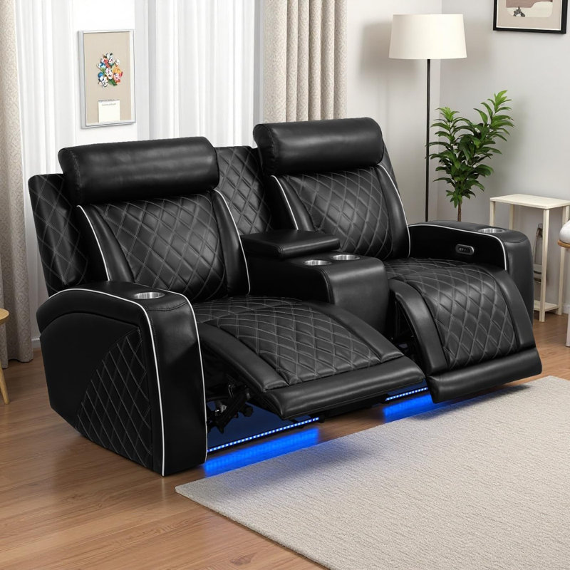 Ensemble de canapé inclinable électrique en cuir 3 pièces avec lumière DEL, station de recharge sans fil et console de rangement