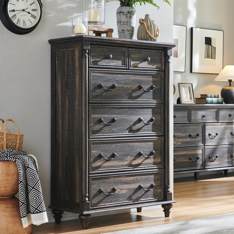 Dark Rustic Oak 6-Drawer Solid Wood Dresser Chest