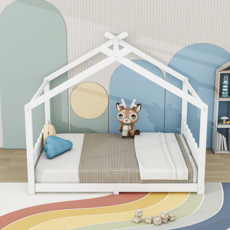 Montessori House Floor Bed with Center Support Legs, Low‑Profile Safe Design, Full, White