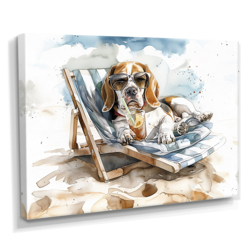 Beagle avec lunettes de soleil sur une chaise de plage, Toile tendue, H 16 po x l 32 po x P 1 po