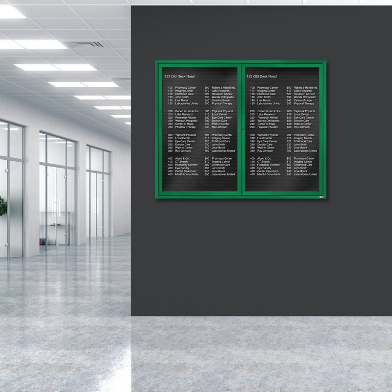 Tableau d'affichage mural fermé pour armoire d'annuaire, Vert thermolaqué, Deux, H 48 po x l 60 po