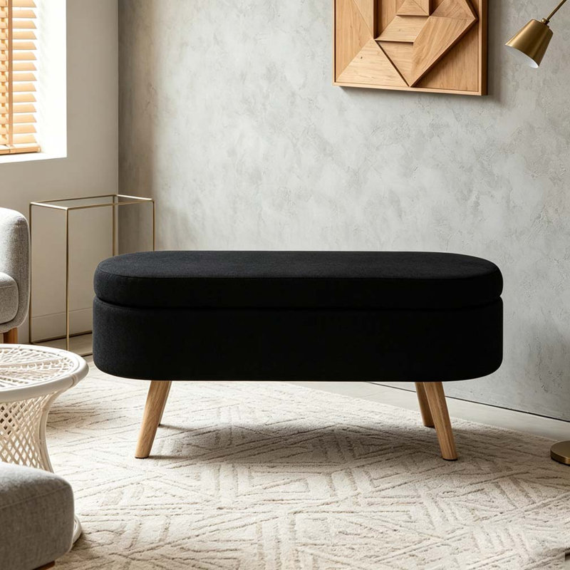 Oval Boucle Storage Ottoman Bench with Wood Legs, Black