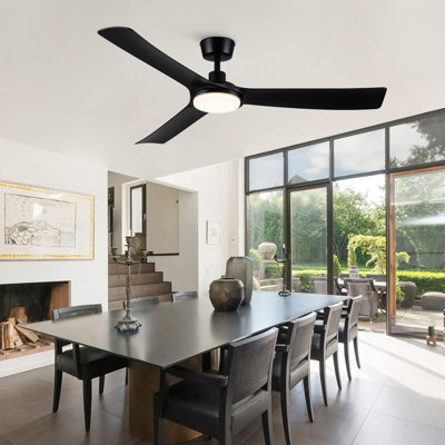 Ventilateur de plafond d'extérieur imperméable 56 po IP66, moteur à courant continu silencieux réversible à 6 vitesses, 3 pales en ABS, télécommande et contrôle mural pour pavillon de jardin, véranda de patio.