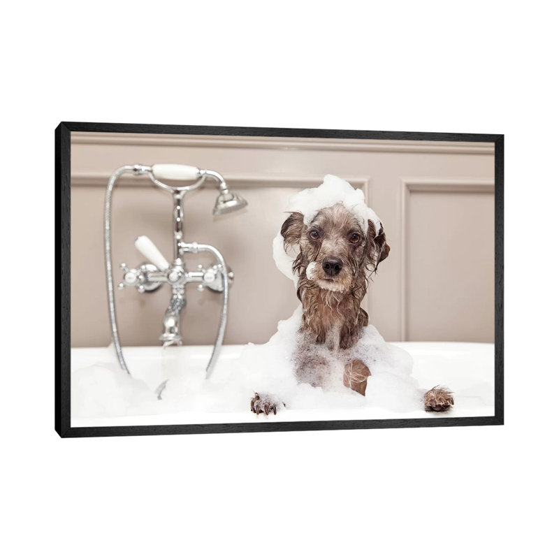 Funny Dog Taking Bubble Bath by Susan Schmitz - Print on Canvas, 66.04 cm H x 45.72 cm W, Black Framed