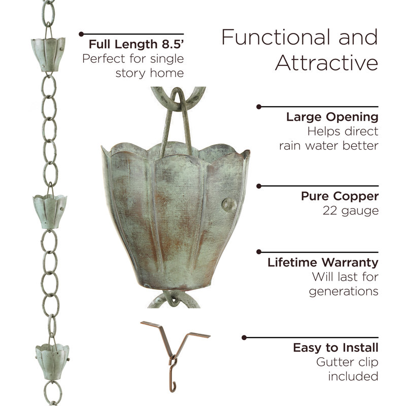 Kammerer Weather Resistant Copper Abstract Rain Chain, 102" H x 3"  W x 3" D, Blue Verde Copper