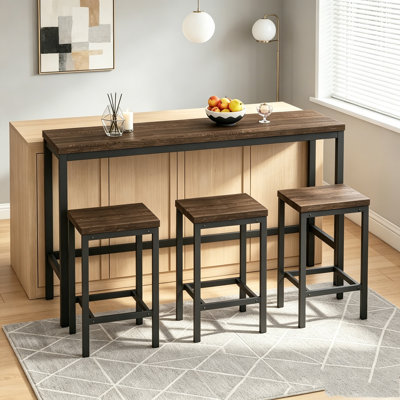 Long Dining Table Set with 3 Stools