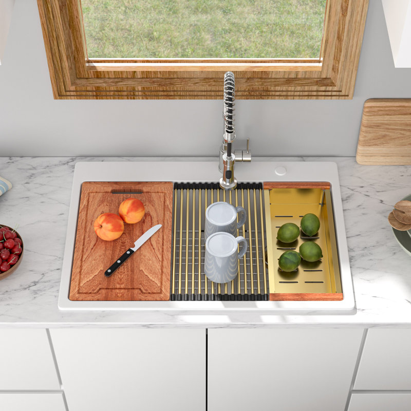 33 Inch Drop-In Granite Composite Kitchen Sink Workstation 60/40 Double Bowl Quartz Kitchen Sink, White