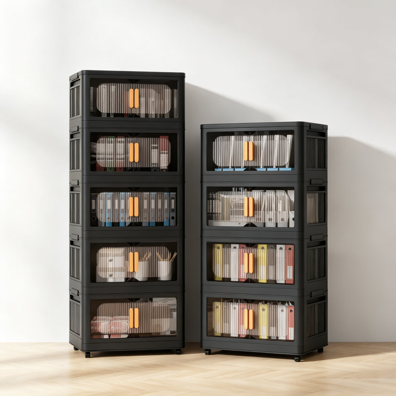 Black, 24" Side Wide Folding Storage Cabinet ,5 Tiers,23.62"×13.78"×59.84",Collapsible Storage Bins With Magnetic Door, Plastic Storage Cabinet With Wheels