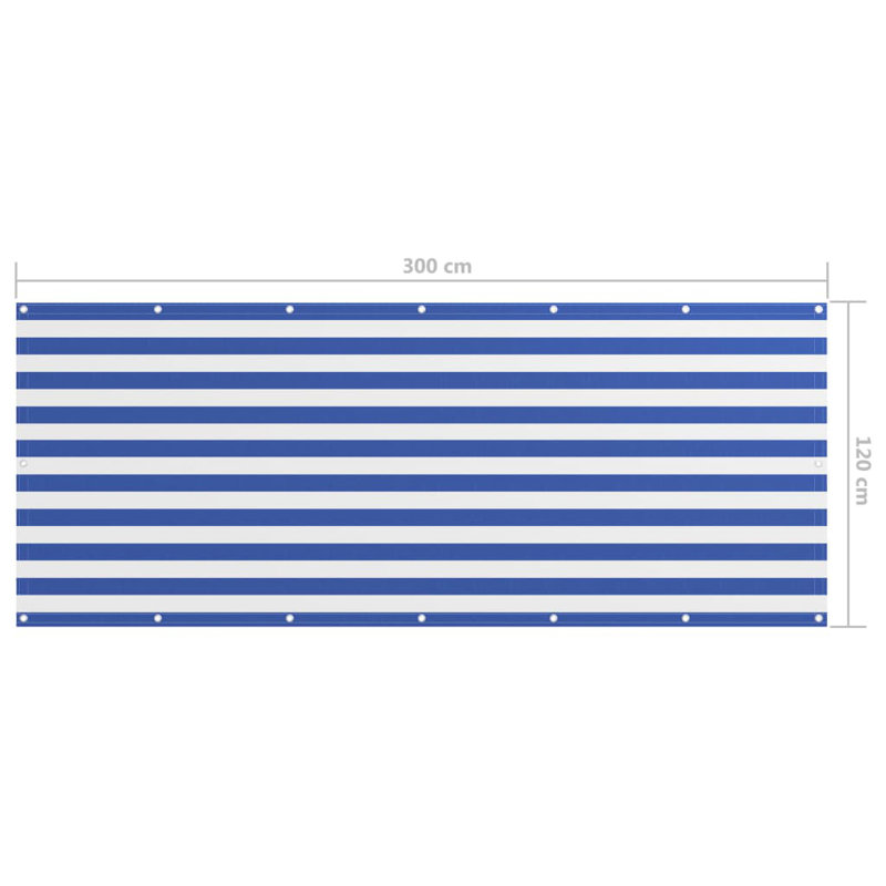 Balcony privacy screen, 120 x 300cm, Oxford fabric, White/Blue