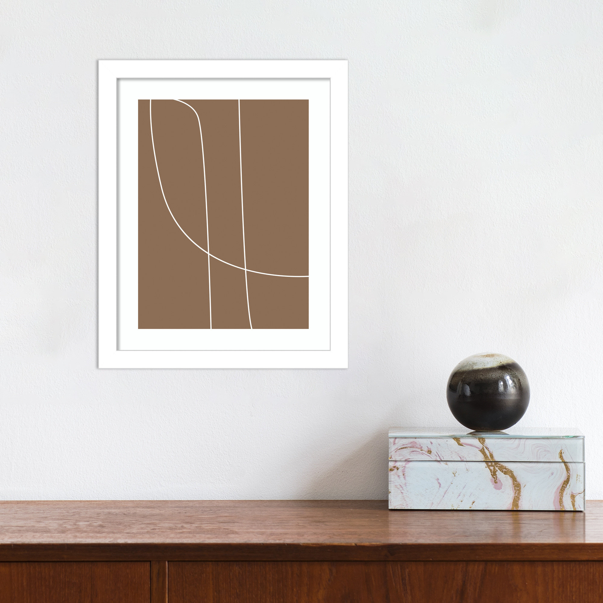 Modern Line Abstract 1 Mushroom Brown by The Creative Bunch Studio, 17" H x 14" W x 0.8" D, White Framed