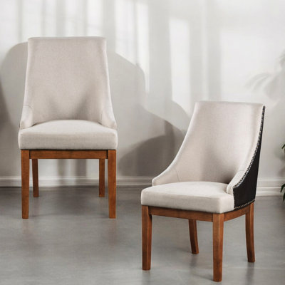 Chaise d'appoint rembourrée de 2 tons en tissu synthétique brun, garniture cloutée, siège de 18 po de largeur, hauteur de 21 po, dossier de 17 po et 2 chaises en tissu et cuir avec profondeur de 19 po, profondeur de 26 po, plancher avec accoudoirs de 14 po