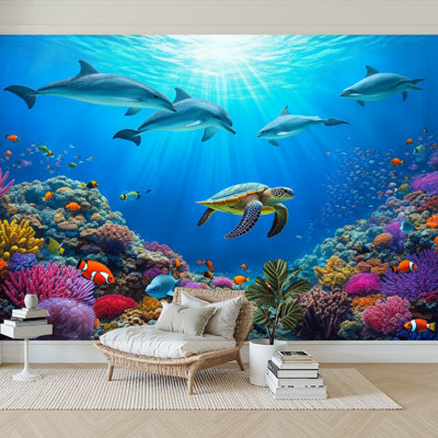 Peel and Stick Wallpaper 144" W x 100" H Modern Self Adhesive Wall Mural for Bedroom Underwater Coral Reef Dolphins Turtles Colorful Fish