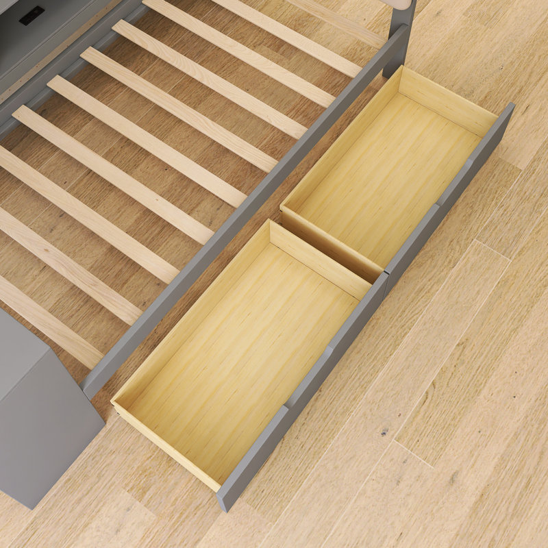 Lit plateforme simple en bois avec tablettes de rangement, tiroirs, station de charge, Lit simple, Gris