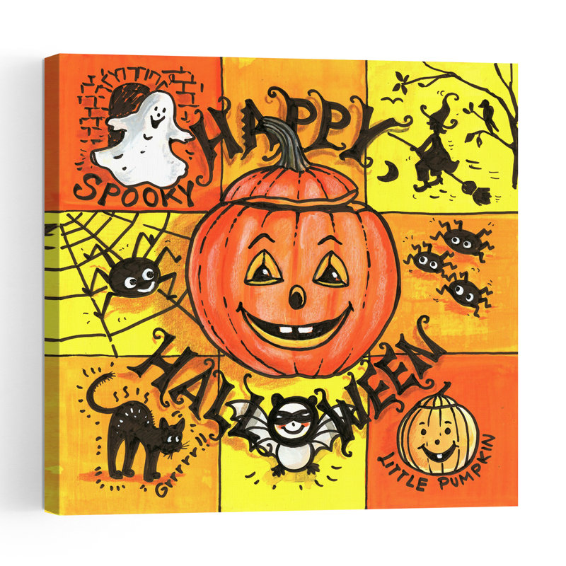 Happy Halloween Spooky Fun Contemporary Bat Cat Spider Wall Art Print by Renate Holzner - Print, 45.72cm H x 45.72cm W