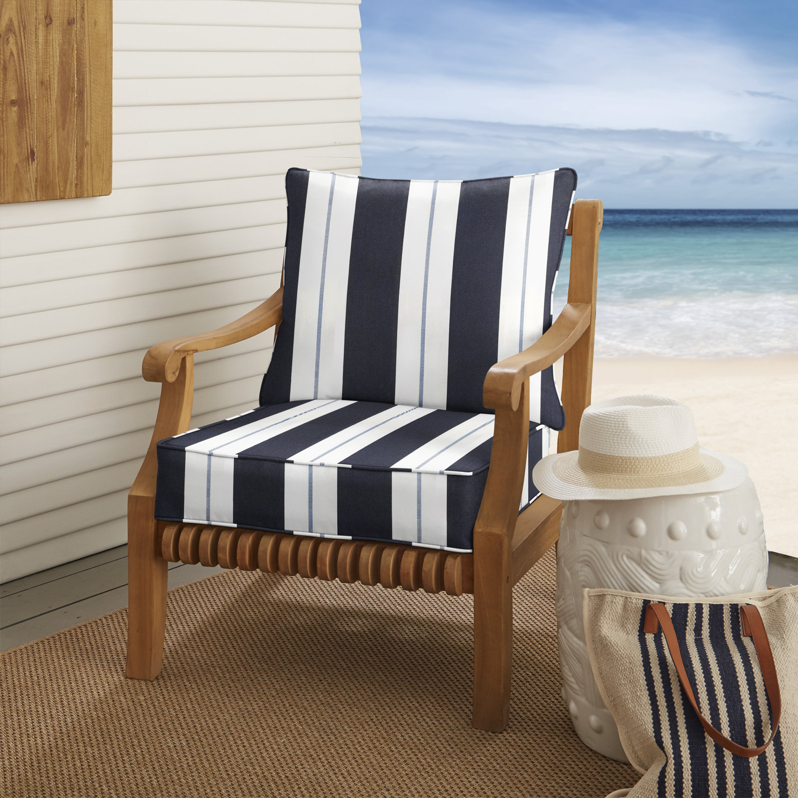Deana Sunbrella® Seat and Back Cushion, 25" W x 25" D, Navy Stripe Sunbrella®