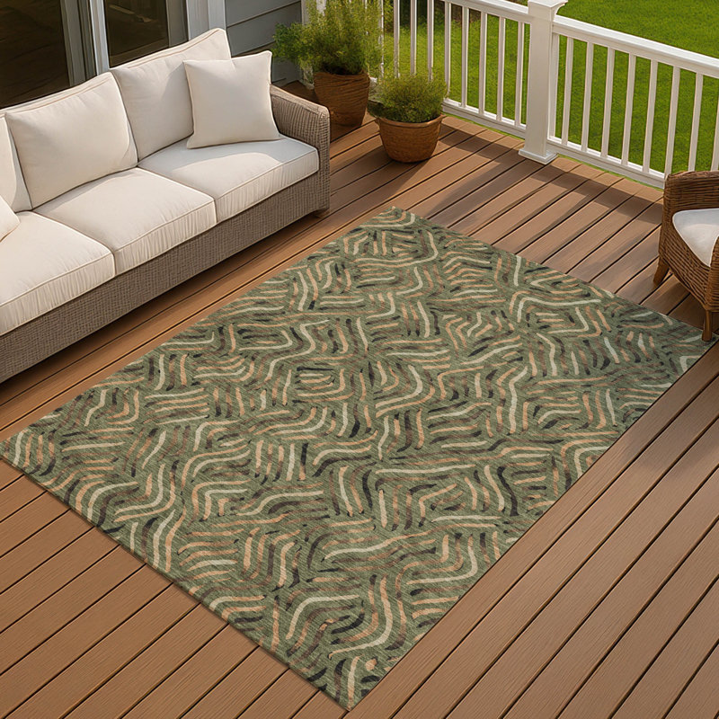 Machine Washable Indoor/Outdoor Chantille ACN2474 Abstract Rug, 3' x 5', Olive