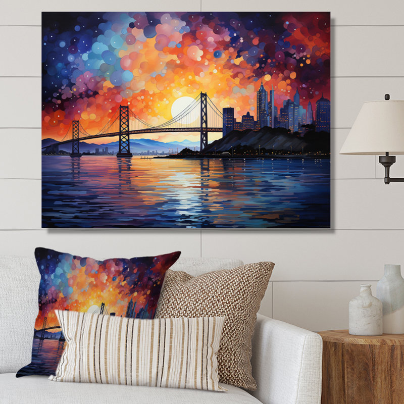 Orange Bridge Gateway Pointillism II, reproduction d'art sur toile, Toile tendue, H 12 po x l 20 po x P 1 po
