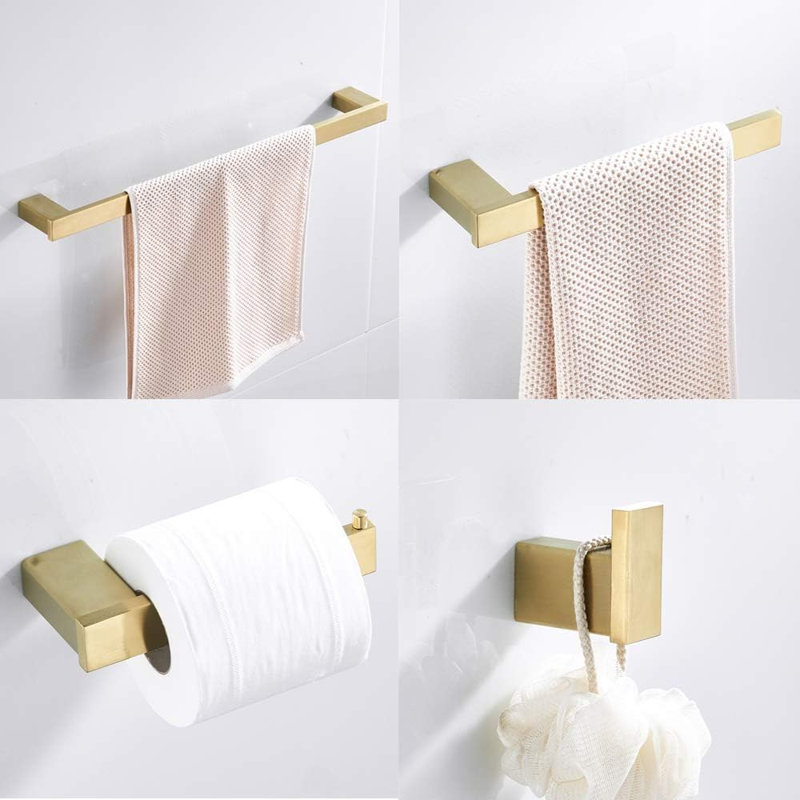 Brushed Gold Bathroom Accessory Set 4-Pieces Bathroom Hardware Set Square Towel Bar Set Stainless